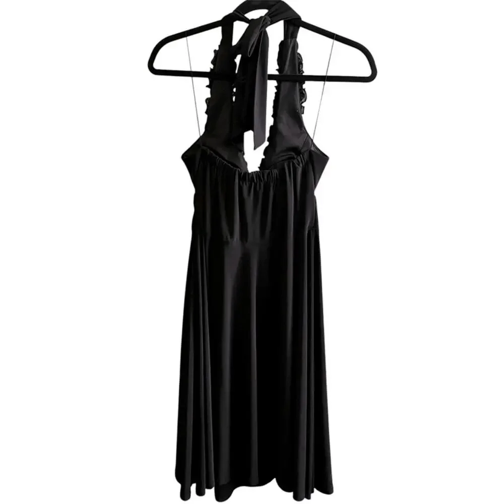 Onyx Nite by Wendy Chaitin Black Ruffle Halter Mini Dress stretch womens size 4